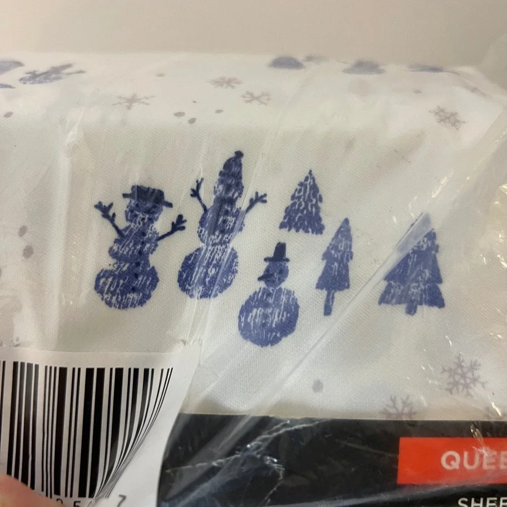 Cuddl Duds Soft & Cozy Brushed Queen Sheet Set Snowmen Trees White‎ Blue NIP